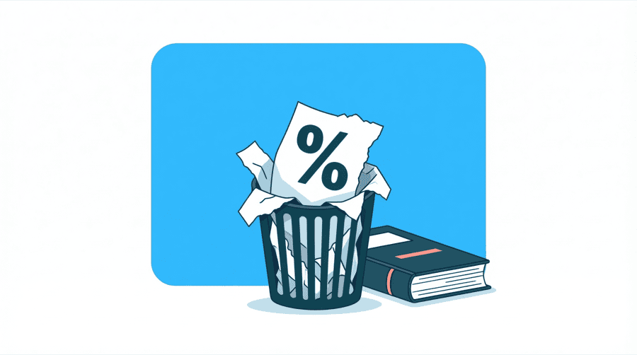 Illustration: a torn page showing a percentage sign lying in a waste basket beside an empty rulebook