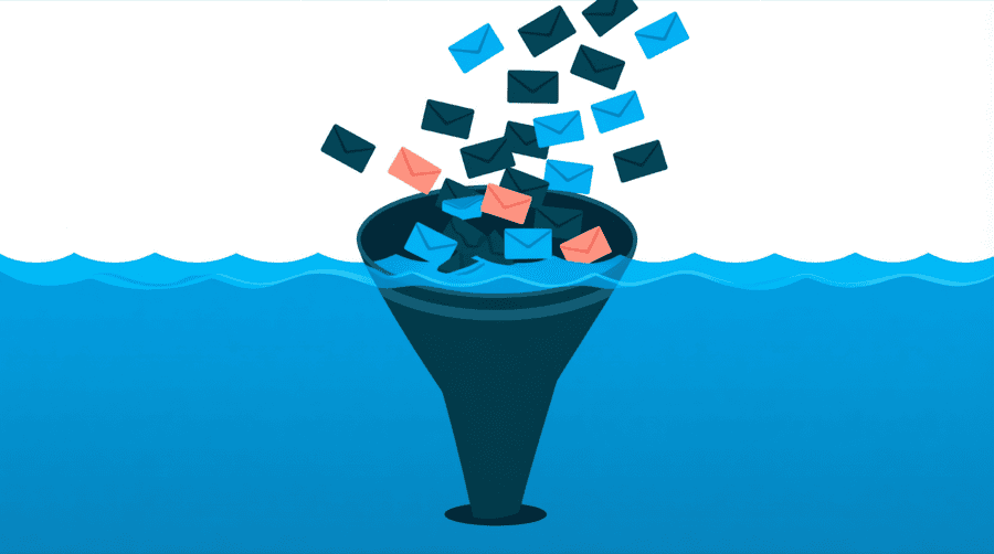 Illustration: a flood of identical small envelopes pouring into a narrow funnel that is blocked at the bottom