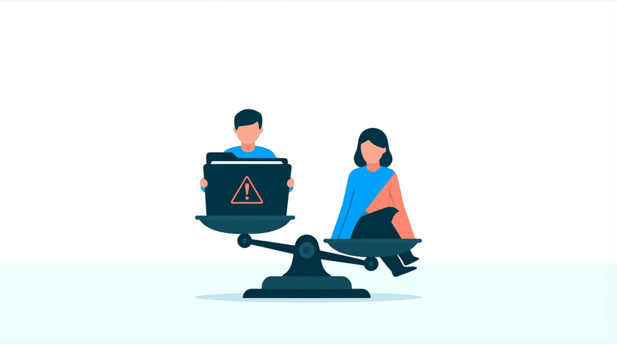 Illustration: a folder marked with a small warning triangle sitting on a set of scales that tip downward