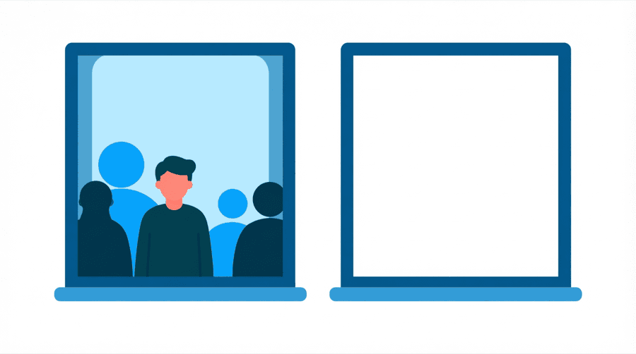 Illustration: two identical windows side by side showing different contents, one seen by a figure and one empty