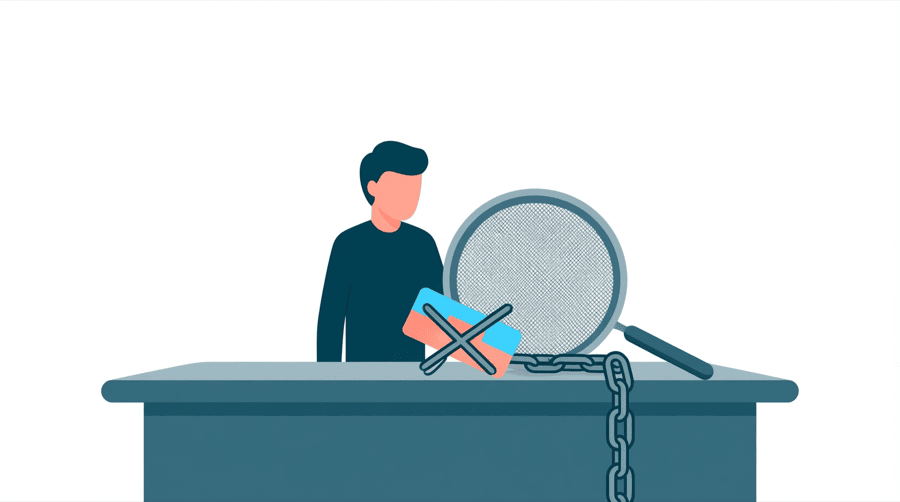 Illustration: a name tag resting on a table beside a crossed-out chain link, with a sieve behind them letting the tag through