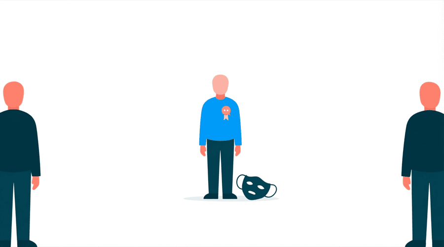 Illustration: a small open badge pinned to a speech bubble, sitting beside a closed mask lying face down