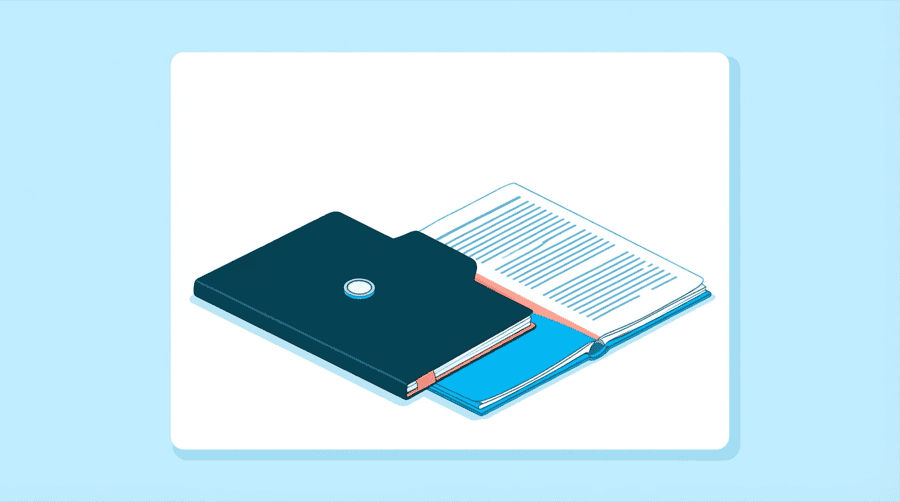 Illustration: a closed folder with a small counter on the front, sitting under an open page of visible text