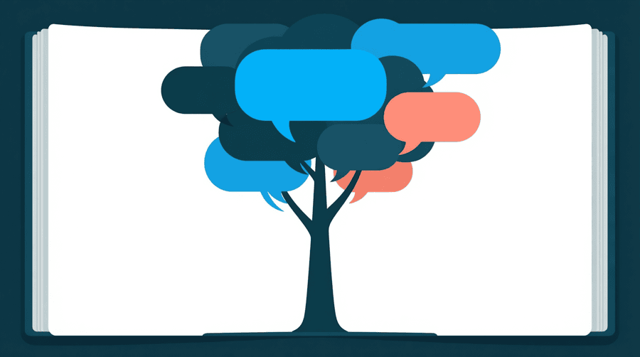 Illustration: an indented tree of speech bubbles branching down and to the right, all fully visible on one open page