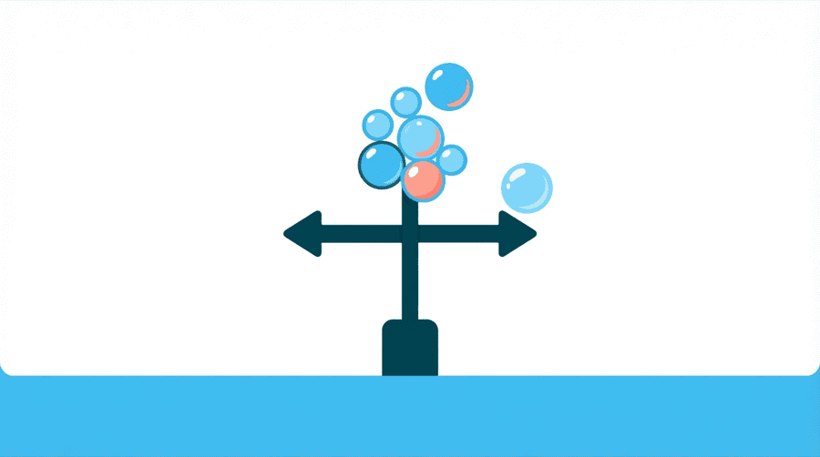 Illustration: two signposts pointing in opposite directions, one towards a nested branching shape and one towards a single fresh bubble