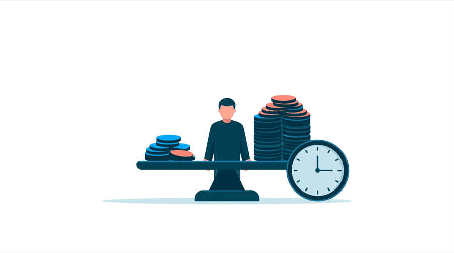 Illustration: a set of scales where a small pile of tokens outweighs a much larger pile, with a clock face beside them