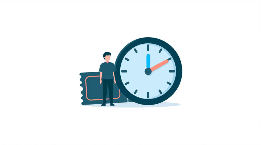 Illustration: a single lottery ticket beside a large clock whose hand is near the start of the dial
