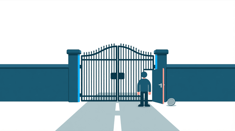 Illustration: a locked gate across a road with one small side door open and a coin resting beside it