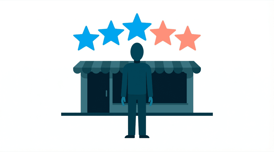 Illustration: a figure standing in front of a shopfront while a large row of star shapes floats above the door