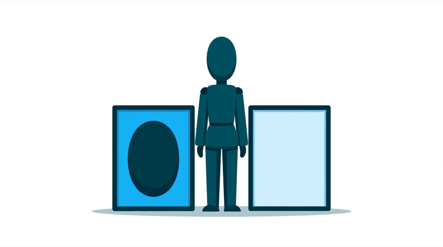 Illustration: a figure standing between two picture frames, the left one holding a shape and the right one empty