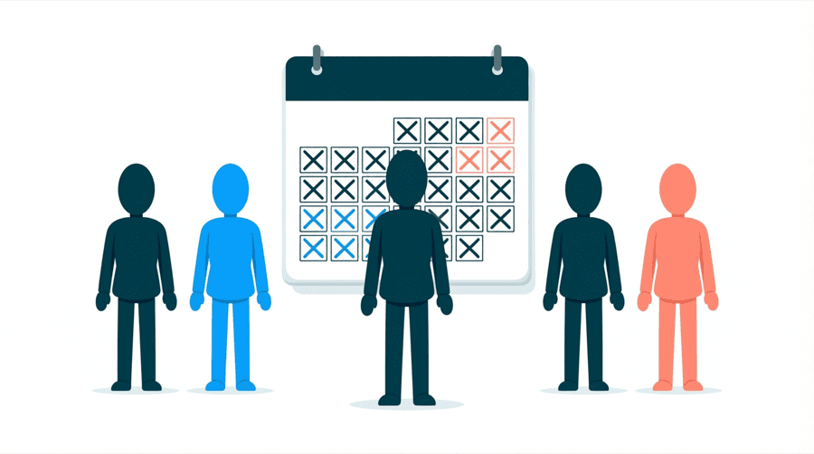 Illustration: a large calendar page with a long line of days crossed off across it