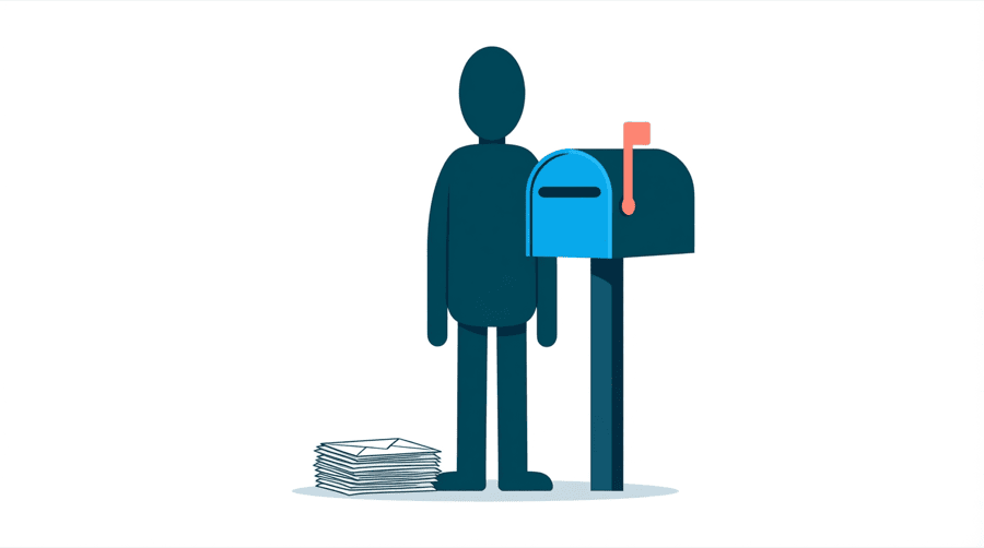 Illustration: a mailbox with its slot sealed shut and a stack of letters piled up beside it