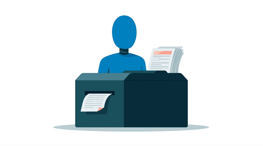 Illustration: a large machine with a small paper slip going in one side and a stack of papers coming out the other
