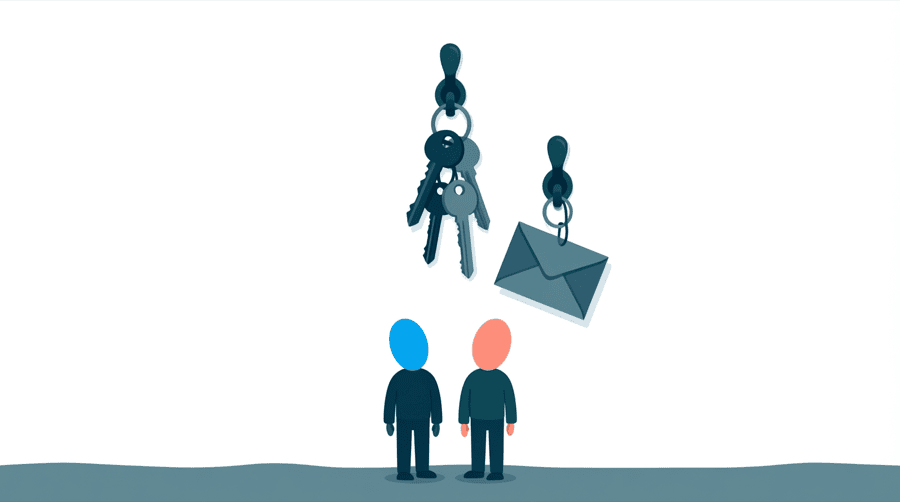 Illustration: a ring of keys and an open envelope hanging from hooks above two figures
