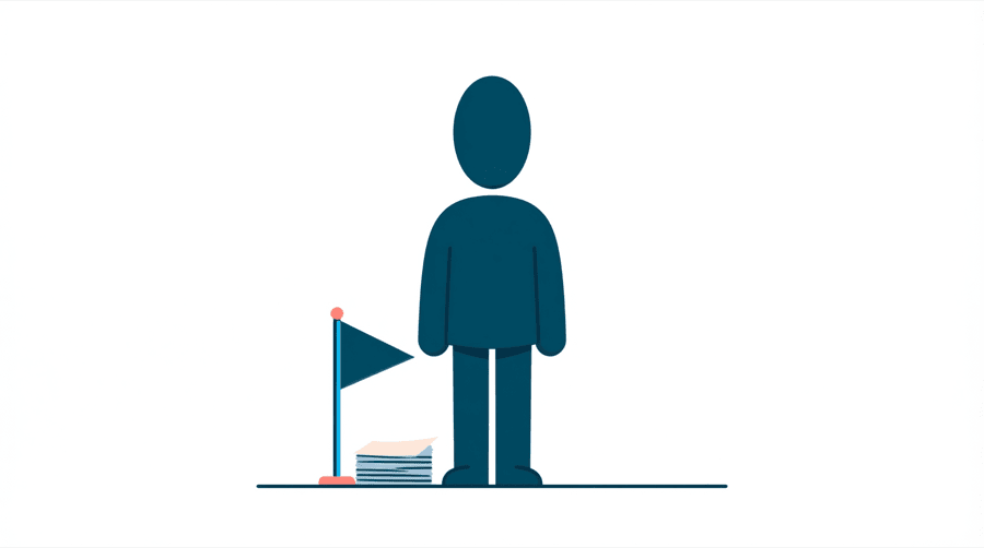 Illustration: a hand-drawn flag being raised on a short pole beside a small stack of paper