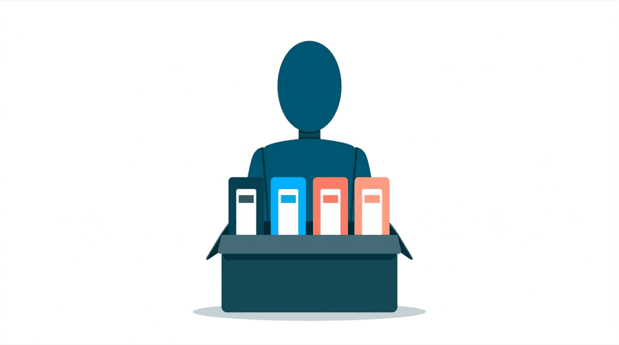 Illustration: a filing box with four labelled folders standing upright inside it