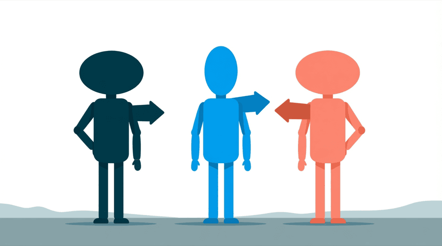 Illustration: three figures standing in a row, each holding an arrow that points a different way