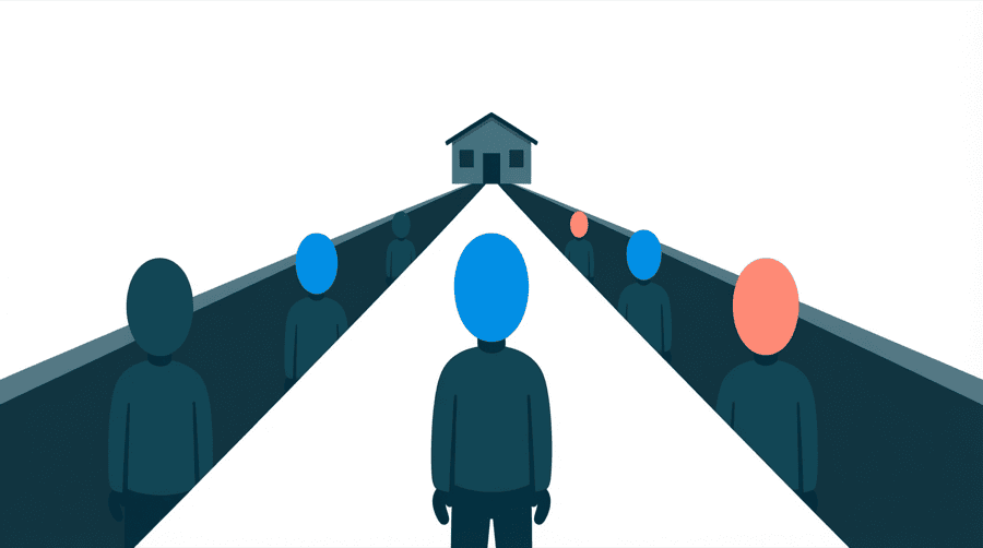 Illustration: a single path splitting into two separate roads that both lead to the same small building
