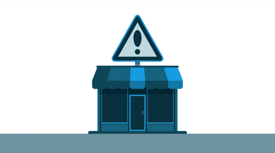 Illustration: a small shopfront with a large triangular warning sign mounted above its door