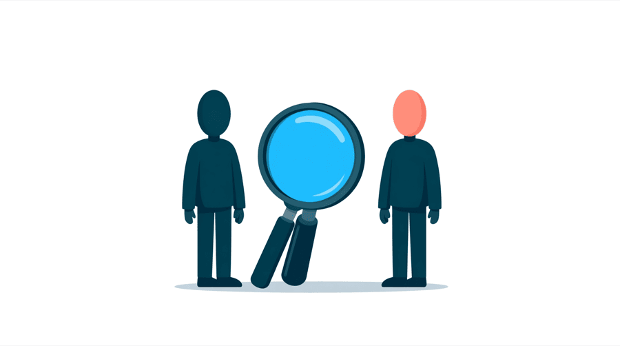 Illustration: two figures standing on either side of a very large upright magnifying glass