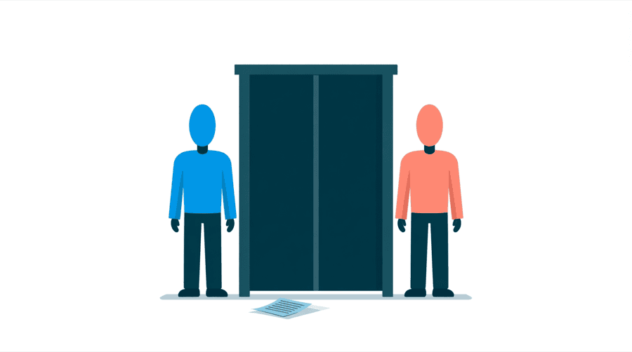Illustration: two figures standing beside a tall upright gate with a small paper slip on the ground in front of it