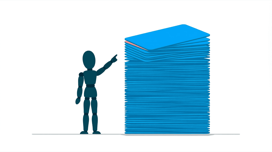 Illustration: a figure with one arm raised pointing toward a tall stack of identical flat cards