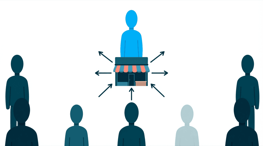 Illustration: a small shopfront with arrows pointing at it from every side and figures standing around it