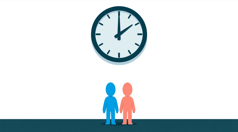 Illustration: two small figures standing together under a very large round wall clock