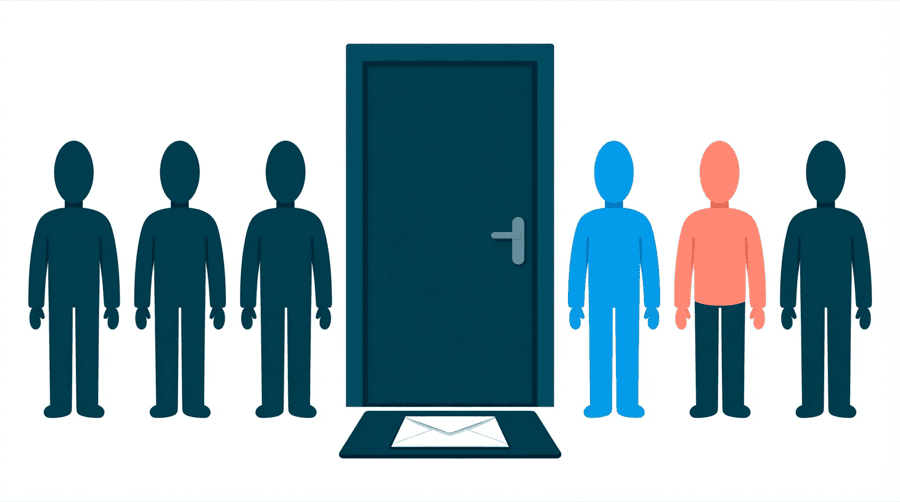 Illustration: a single envelope resting on a doormat in front of a closed door