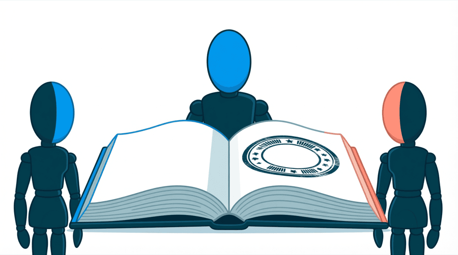 Illustration: an open rule book standing upright with a large stamp mark across the open page