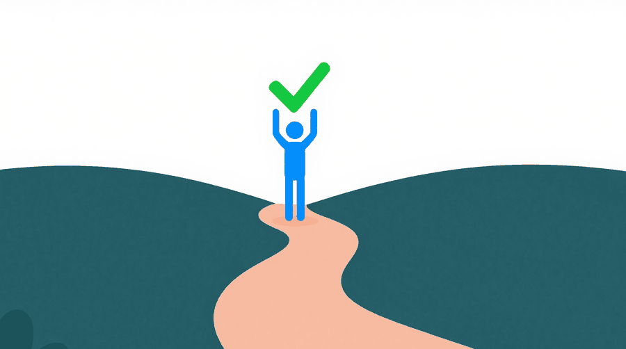 Illustration: a figure on a hilltop at the end of a winding path, holding a green check mark above their head