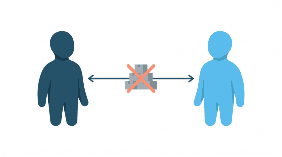 Illustration: a brand figure and a creator figure connected directly, with a struck-out middle layer of platform boxes between them