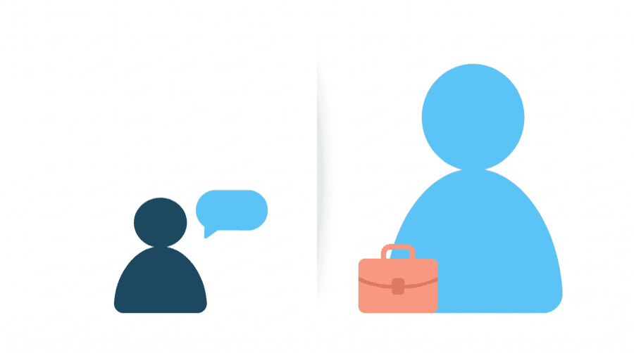 Illustration: a small creator figure with a message bubble beside a large creator figure routed through a briefcase, showing DM for small and email for big