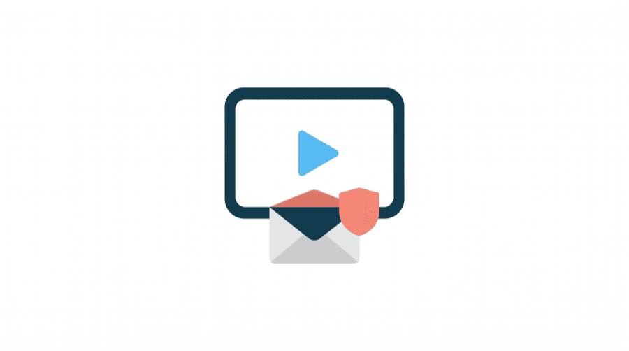Illustration: a video play screen above an envelope revealed from behind a shield, representing a YouTube channel business email