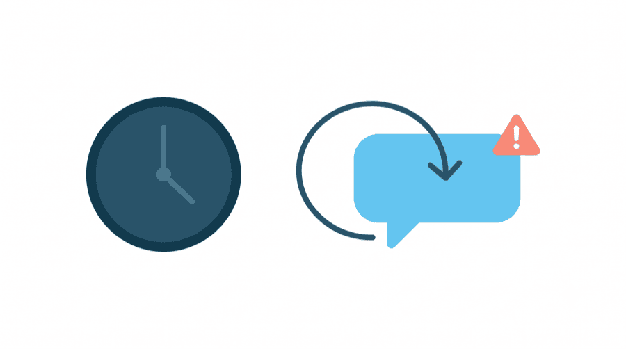 Illustration: a clock beside a message with a gentle second-nudge arrow and a small warning sign, representing timing and follow-up