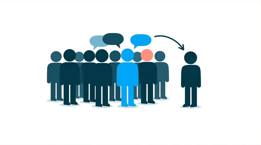Illustration: a cluster of blank figures with speech bubbles between them while a single figure outside is drawn in by a curving arrow, showing a stranger being recommended into a group