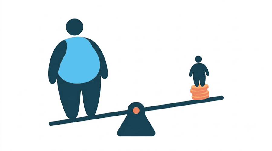 Illustration: a balance scale where a tiny creator on a stack of coins outweighs a much larger figure