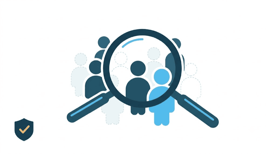 Illustration: a magnifying glass over a crowd where some figures are hollow fakes, with a verified badge