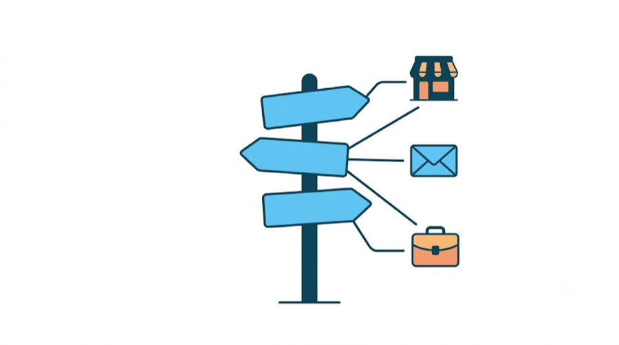 Illustration: a three-way signpost pointing to a market stall, an envelope and a briefcase