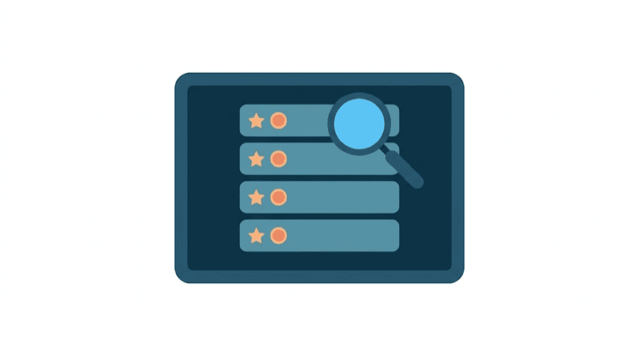 Illustration: a dashboard listing tool options with star and price markers under a magnifying glass