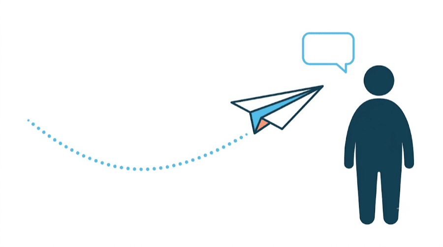 Illustration: a paper plane flying along a dotted path toward a creator with a message bubble