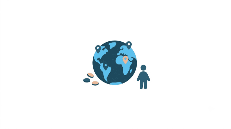 Illustration: a globe with location pins and coins beside a small creator figure
