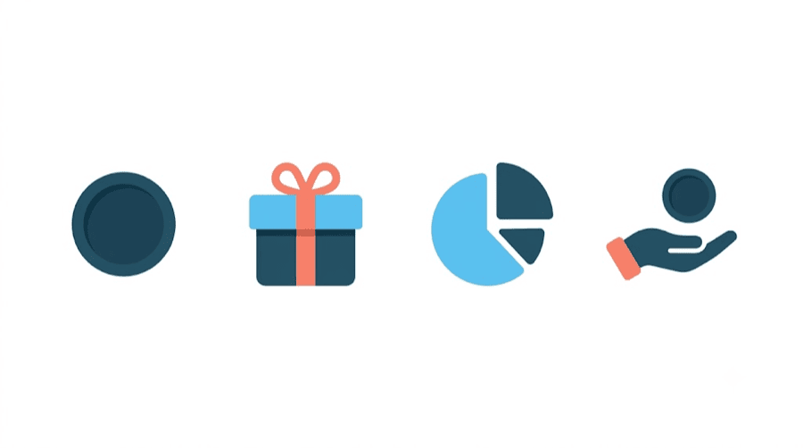 Illustration: four payment icons, a coin, a gift box, a split pie and a hand offering a coin