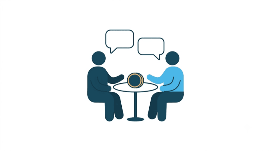 Illustration: two figures negotiating across a small table with speech bubbles and a coin between them