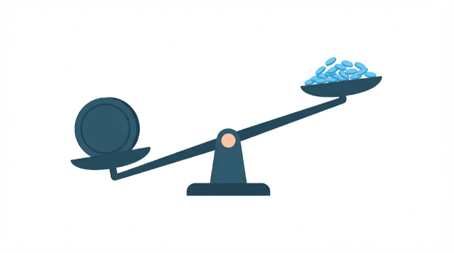 Illustration: a balance scale holding one large heavy coin on one side and a pile of many small light coins on the other