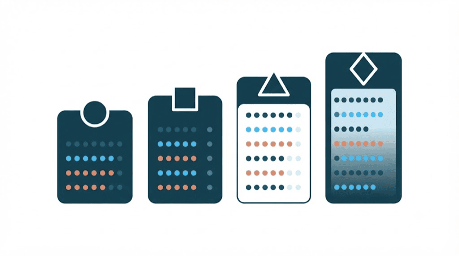 Illustration: four cards of different heights in a row, each topped with a different geometric symbol and marked with rows of coloured dots