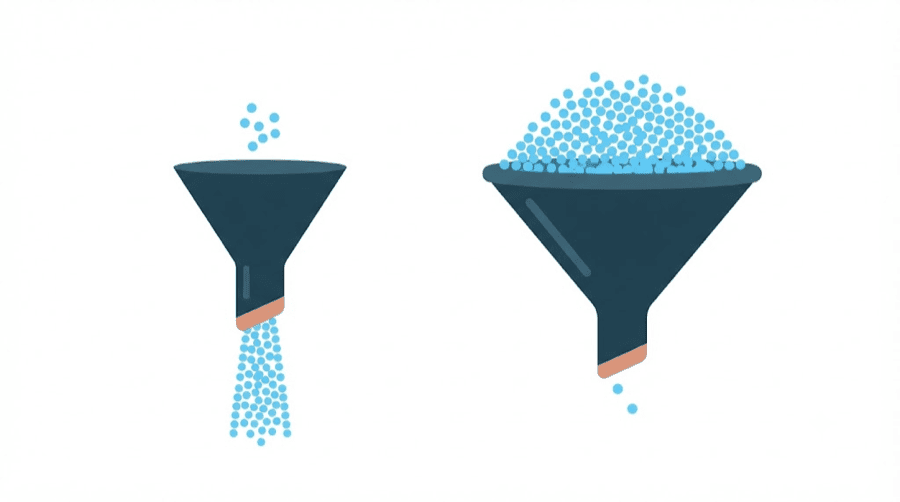 Illustration: two funnels, one taking few items in and passing many through, the other taking a whole crowd in and letting only one out