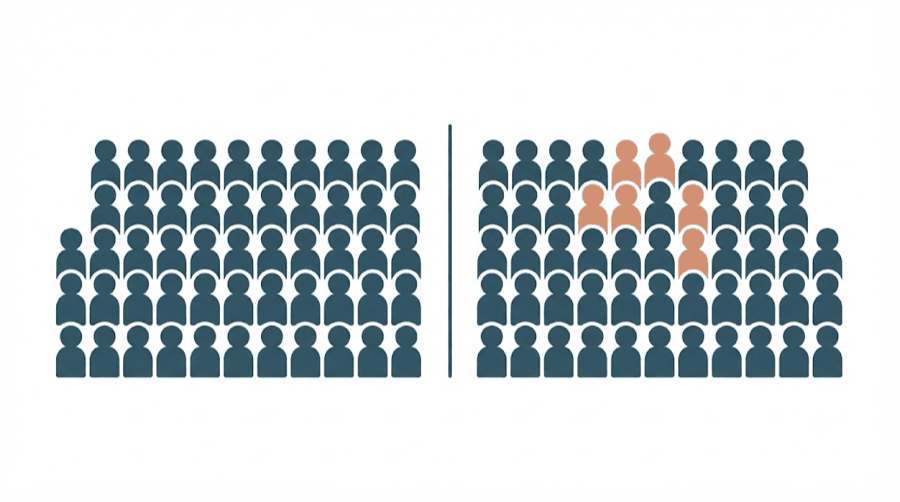 Illustration: two large crowds of figures side by side separated by a dividing line, with only a few figures in the right-hand crowd highlighted