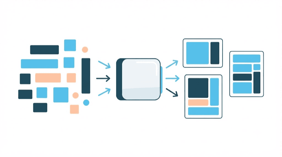 Illustration: loose building blocks in three different shapes feeding into a machine that outputs neatly assembled card layouts