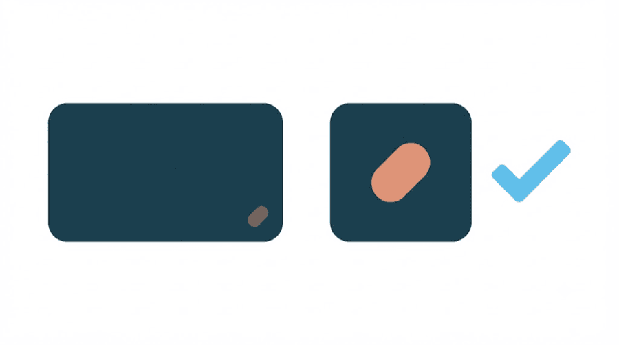 Illustration: two cards side by side, one with a tiny mark hidden in the corner and one with a large central mark, marked with a tick